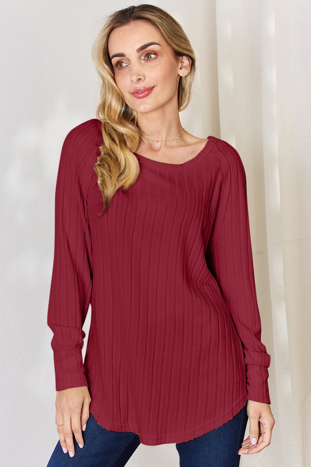 Basic Bae Full Size Ribbed Round Neck Slit long sleeve Shirt
