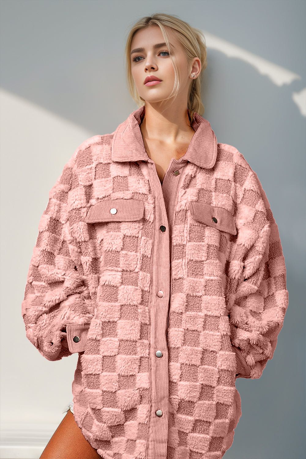 Button Up Fuzzy Checkered Shacket- 4 Colors (Cream, Dusty Pink, Black, Hot Pink)