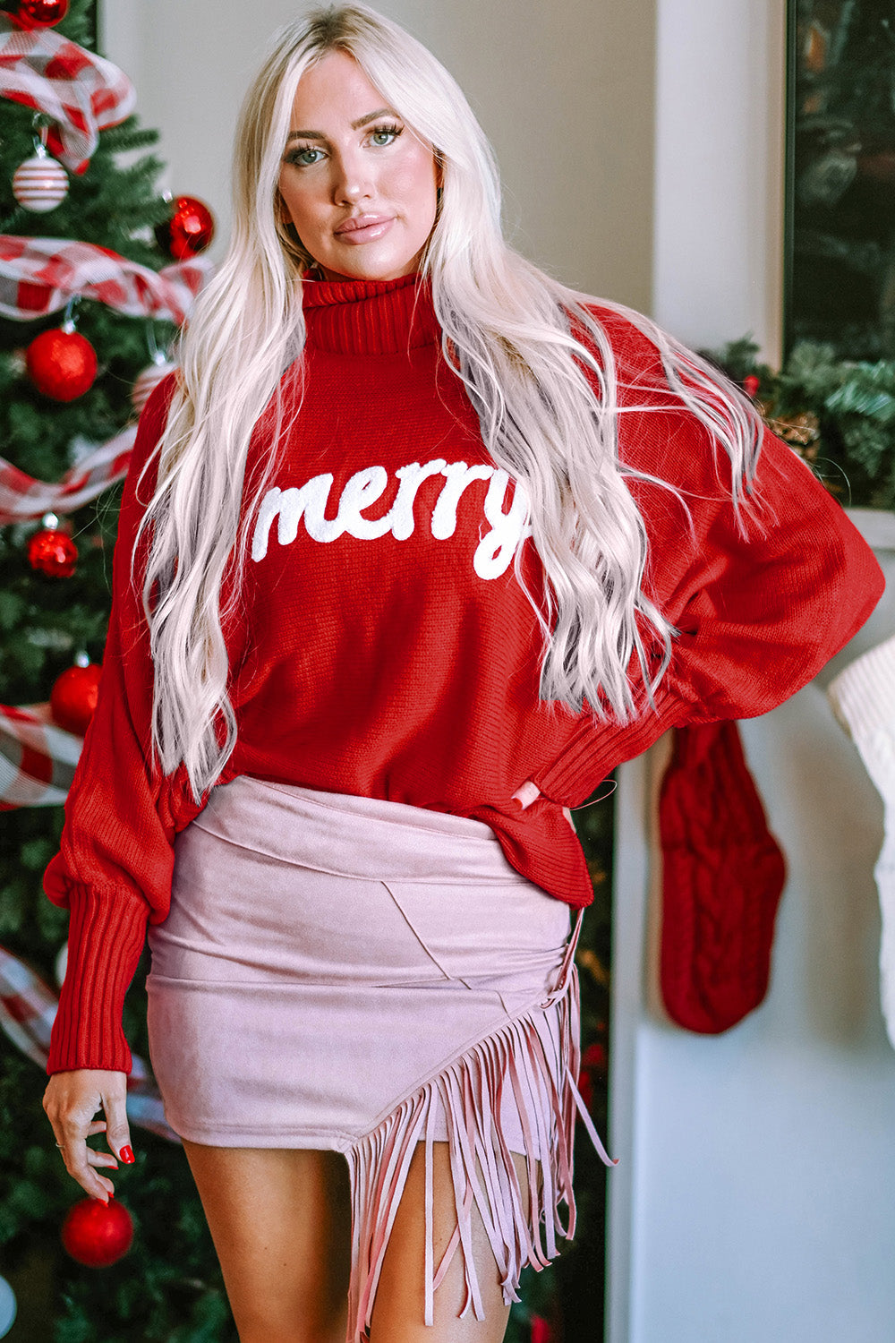 Merry Christmas Turtleneck Sweater- 3 Colors (Dark Green, Pastel Blue, Red)