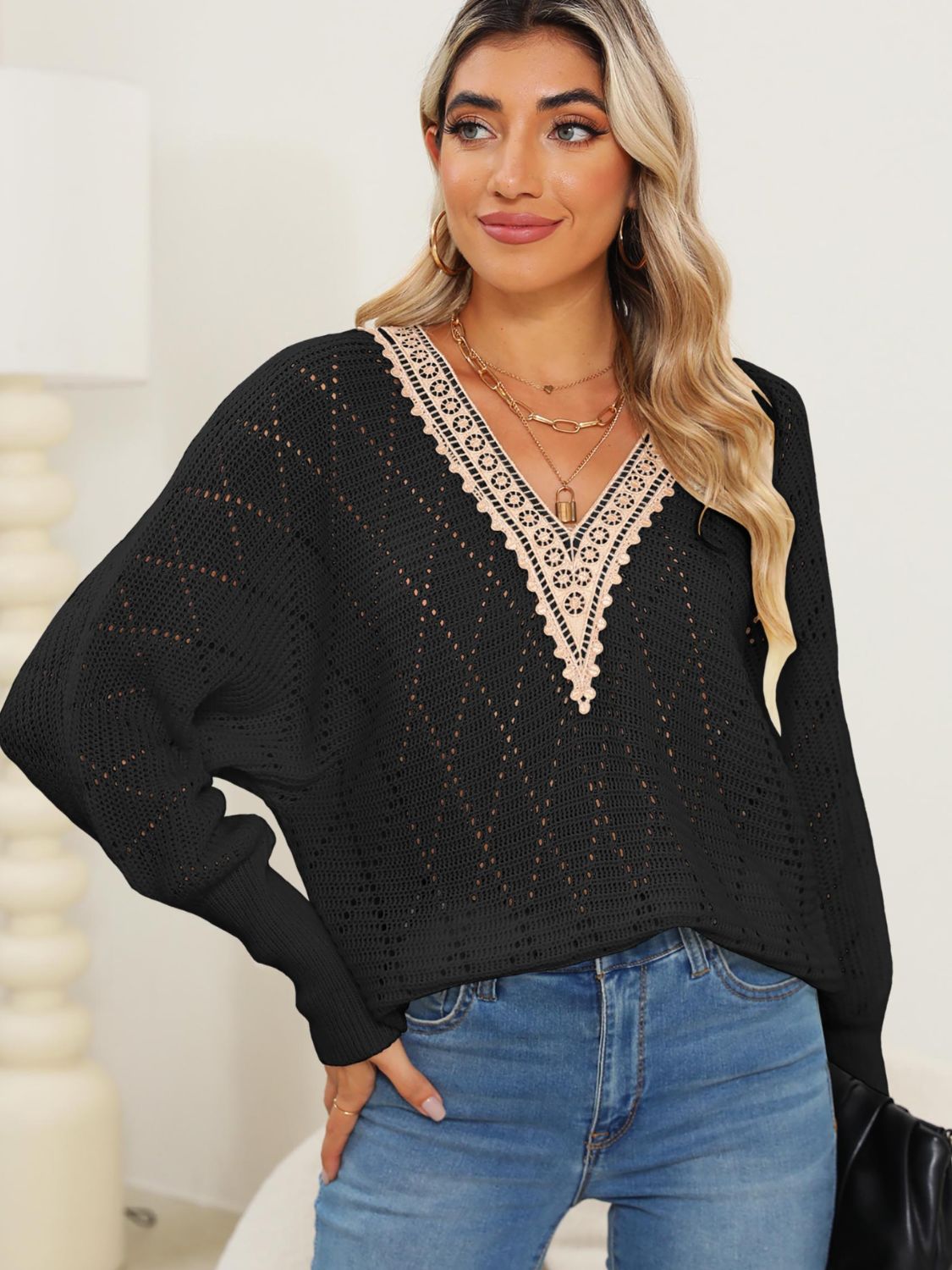 Lace Detail V-Neck Sweater- 3 Colors (Black, Brown, White)