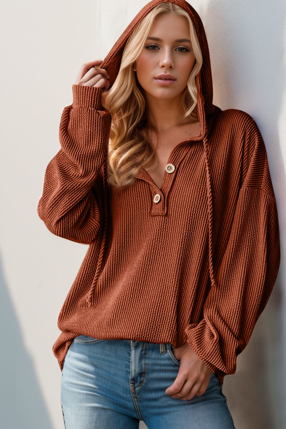 Half Button Long Sleeve Hoodie- 3 Colors (Moss, Burnt Coral, Caramel)