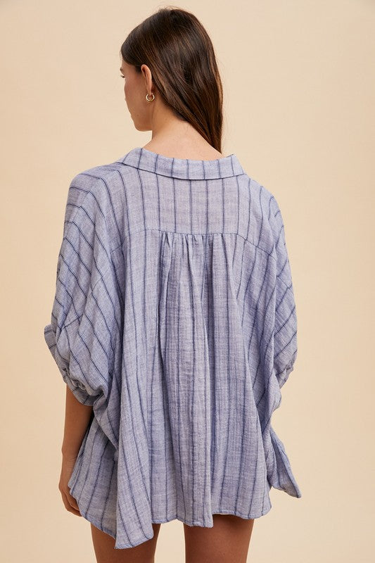 Annie Wear Striped Button Up Top- Blue