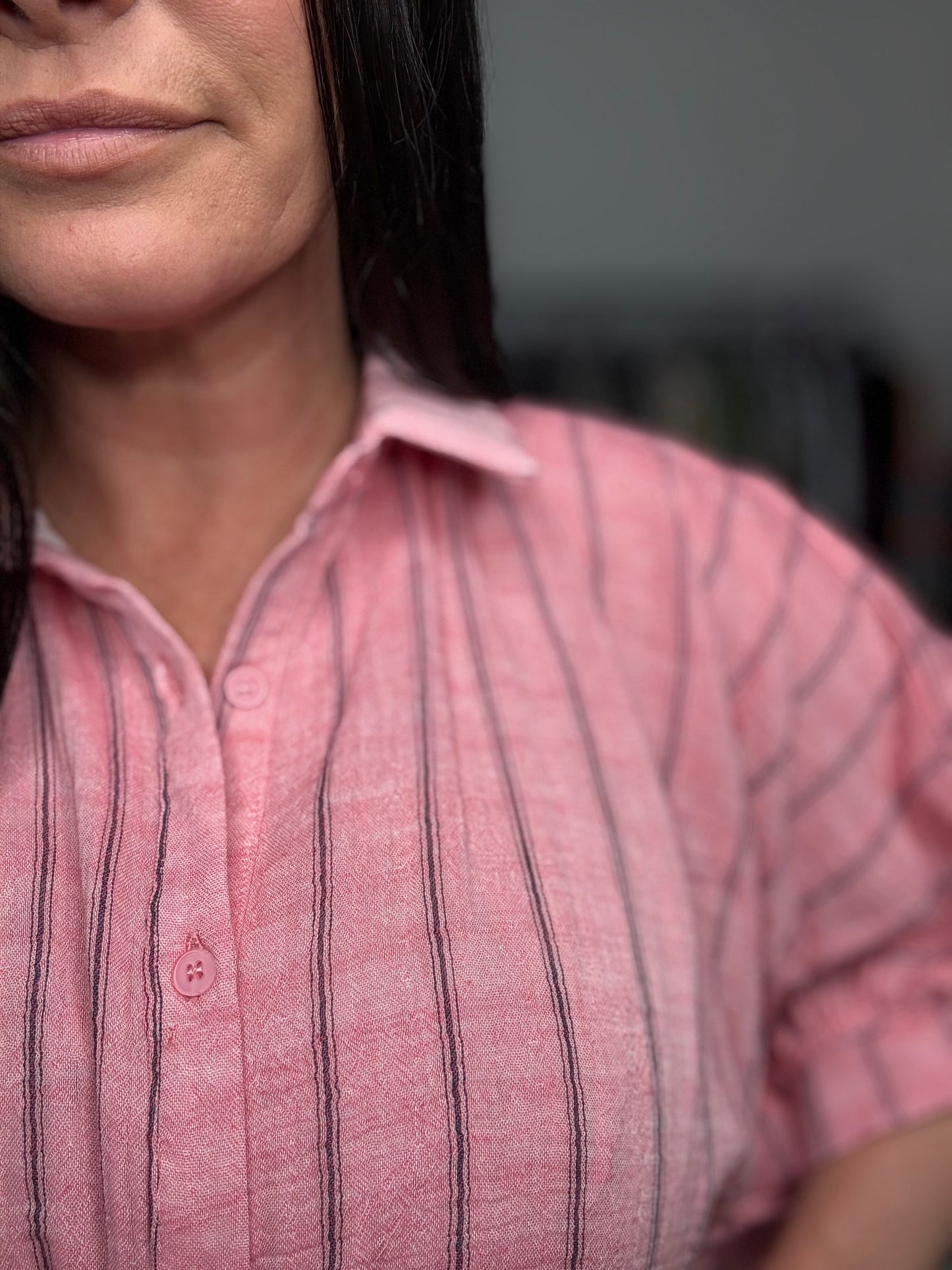 Annie Wear Striped Button Up Top- Coral Pink