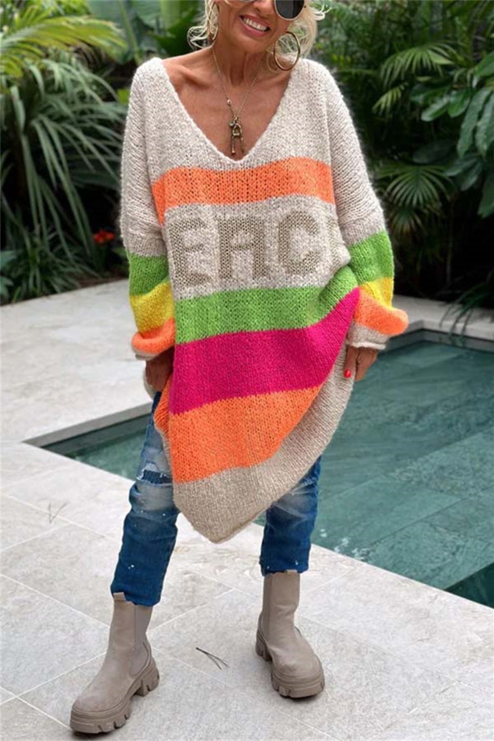 Color Block V-Neck Sweater Dress