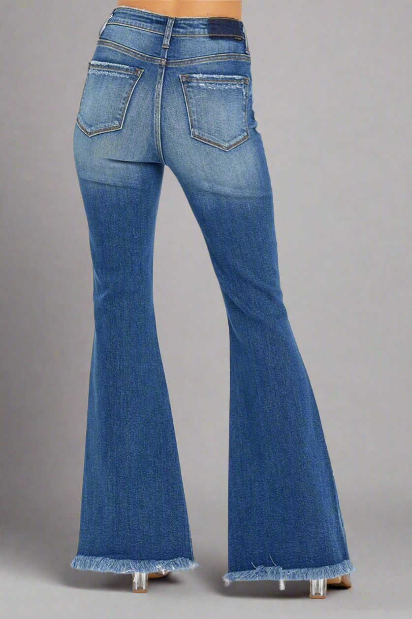 RISEN Front Slit Frayed Hem Flare Jeans
