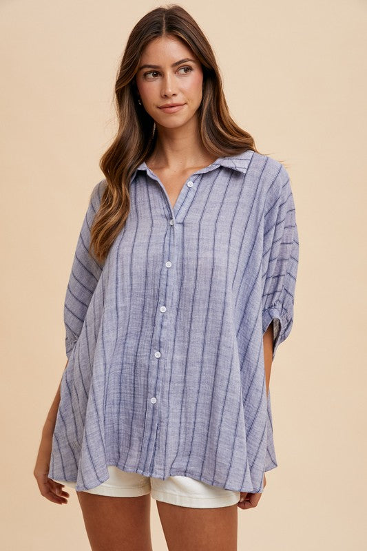Annie Wear Striped Button Up Top- Blue