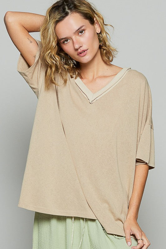 POL V-Neck Half Sleeve T-Shirt- Latte