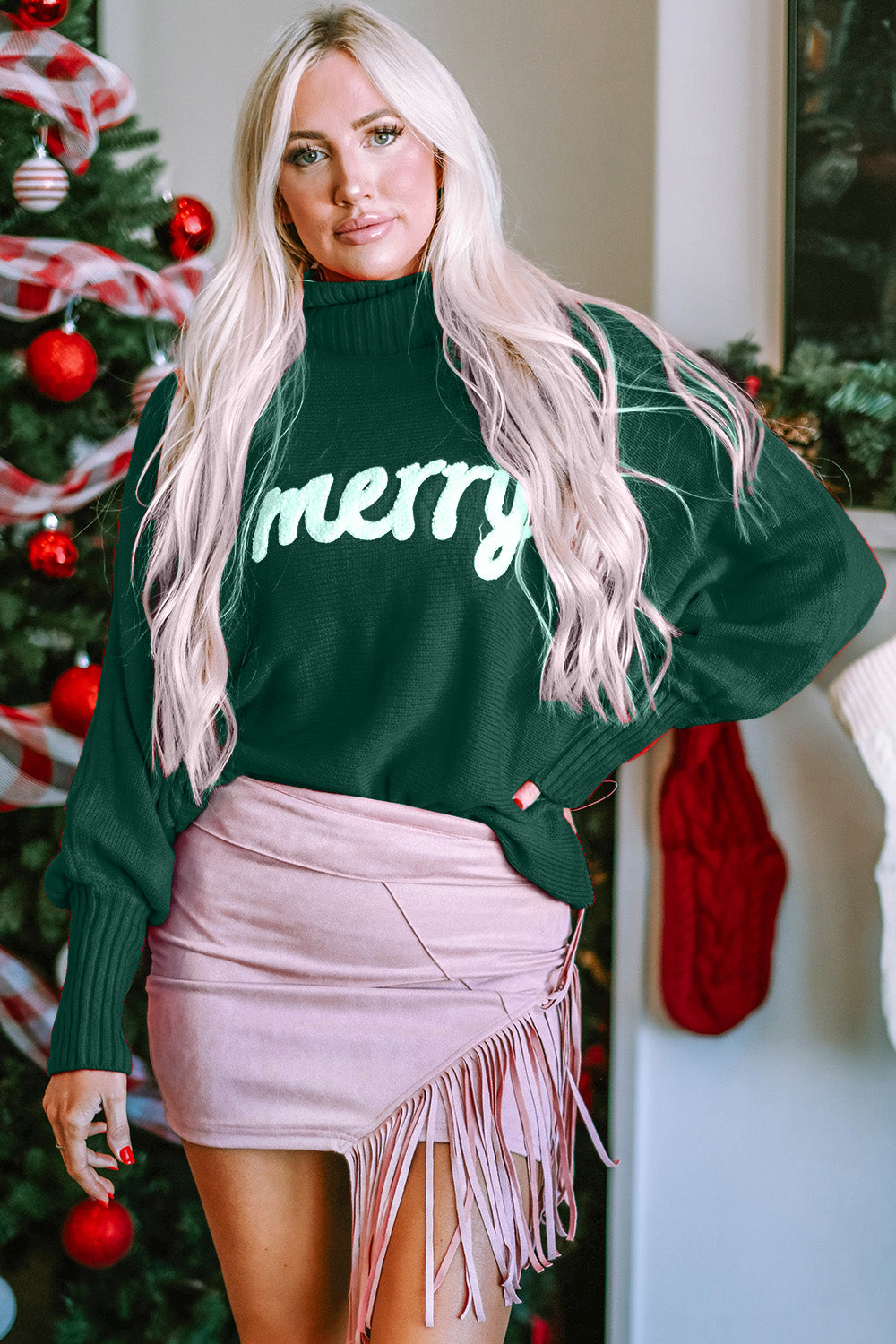 Merry Christmas Turtleneck Sweater- 3 Colors (Dark Green, Pastel Blue, Red)