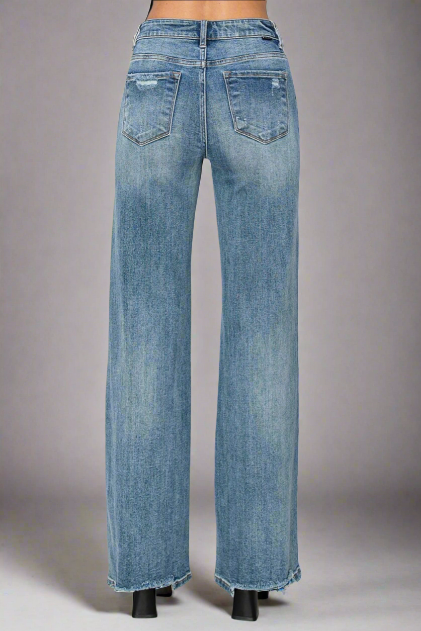 RISEN Distressed Wide Leg Jeans