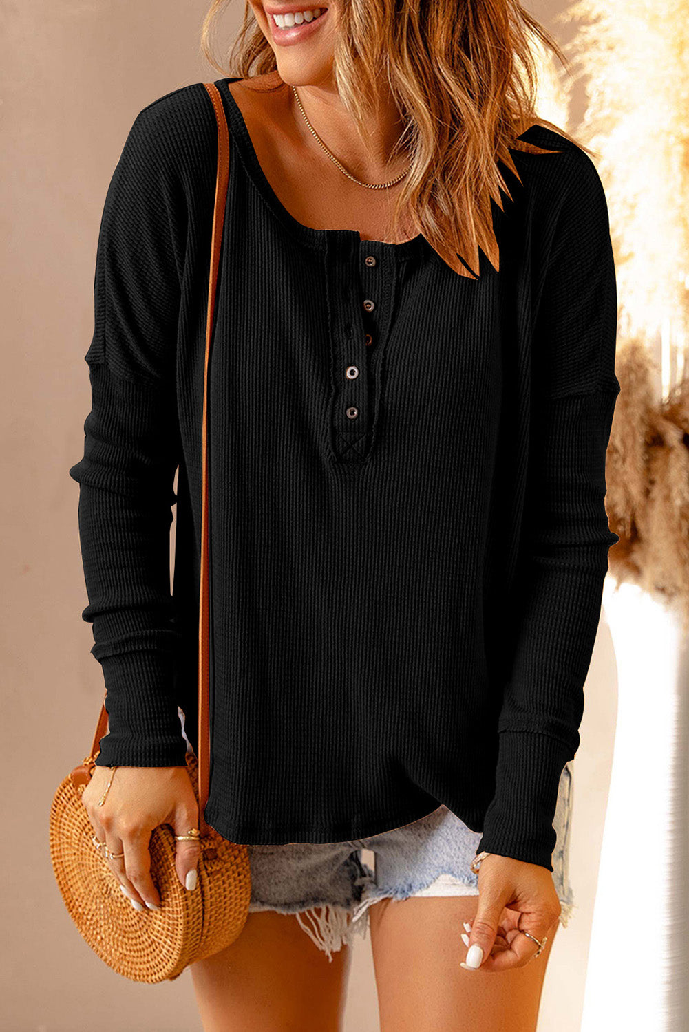 Half Button Drop Shoulder Top- 2 Colors (Tangerine, Black)