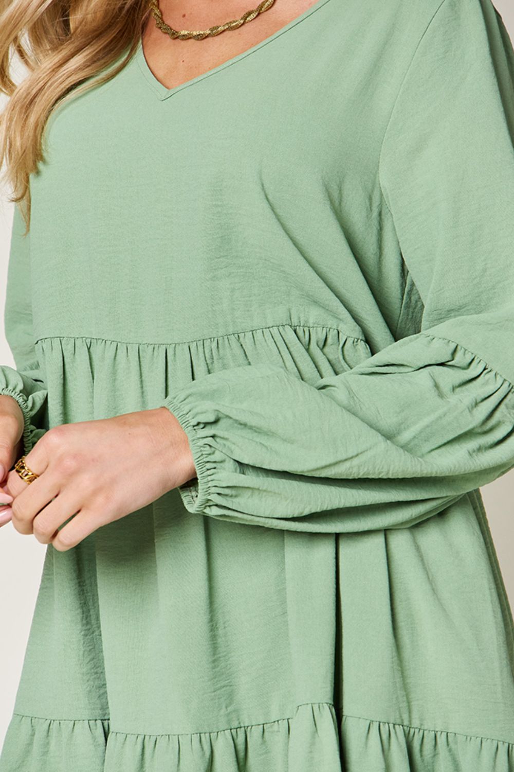 V-Neck Balloon Sleeve Tiered Dress with Pockets- 5 Colors (Pink, Coral, Black, Light Green, Light Blue)