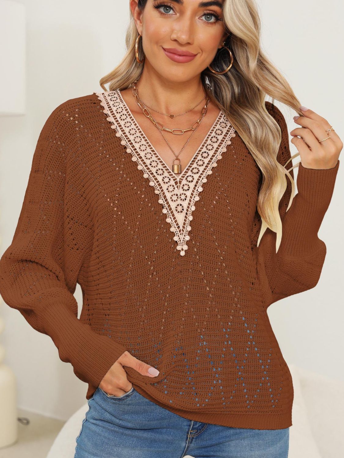 Lace Detail V-Neck Sweater- 3 Colors (Black, Brown, White)