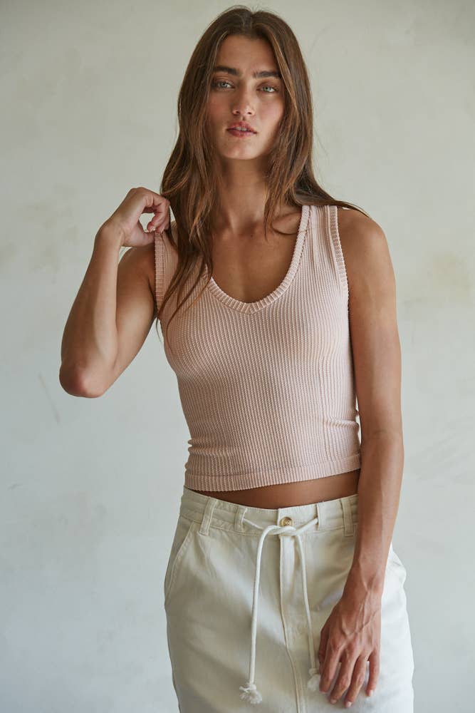 Trendsetter Seamless Ribbed V-Neck Tank- Blush S1233