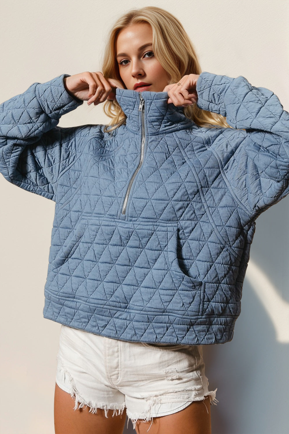 Half Zip Quilted Sweatshirt- 5 Colors (Caramel, Gray, Light Blue, Black, Cream)