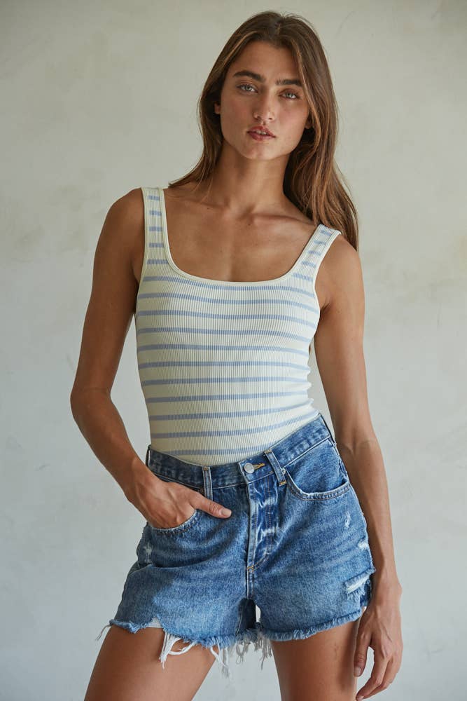 Modern Days Knit Seamless Ribbed Bodysuit- Cream Pale Blue S1243
