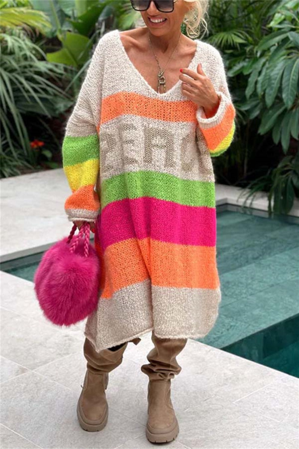 Color Block V-Neck Sweater Dress