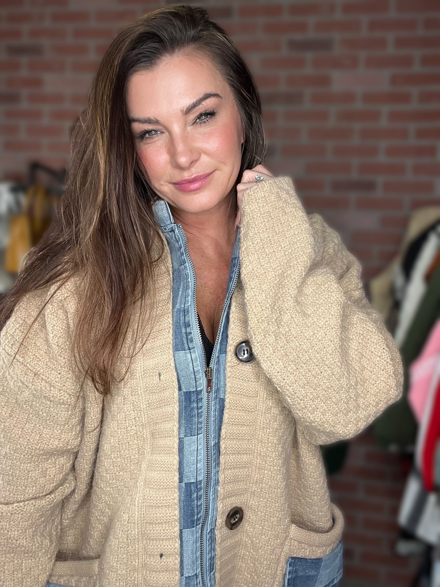 Hooded Denim Sweater Jacket- 3 Colors (Camel, Black, Deep Red)