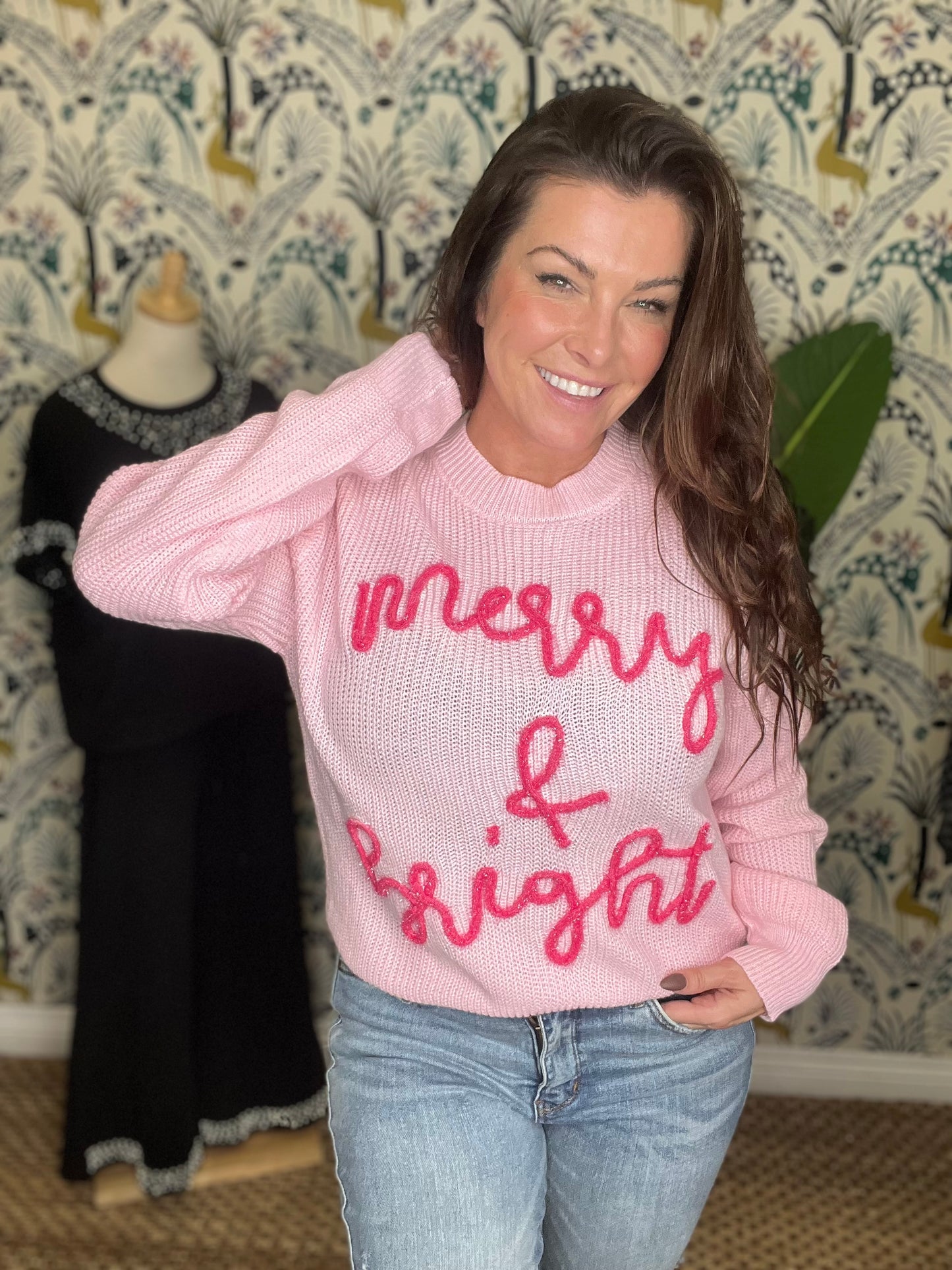 Merry & Bright Christmas Sweater- 2 Colors (Pink, Purple)