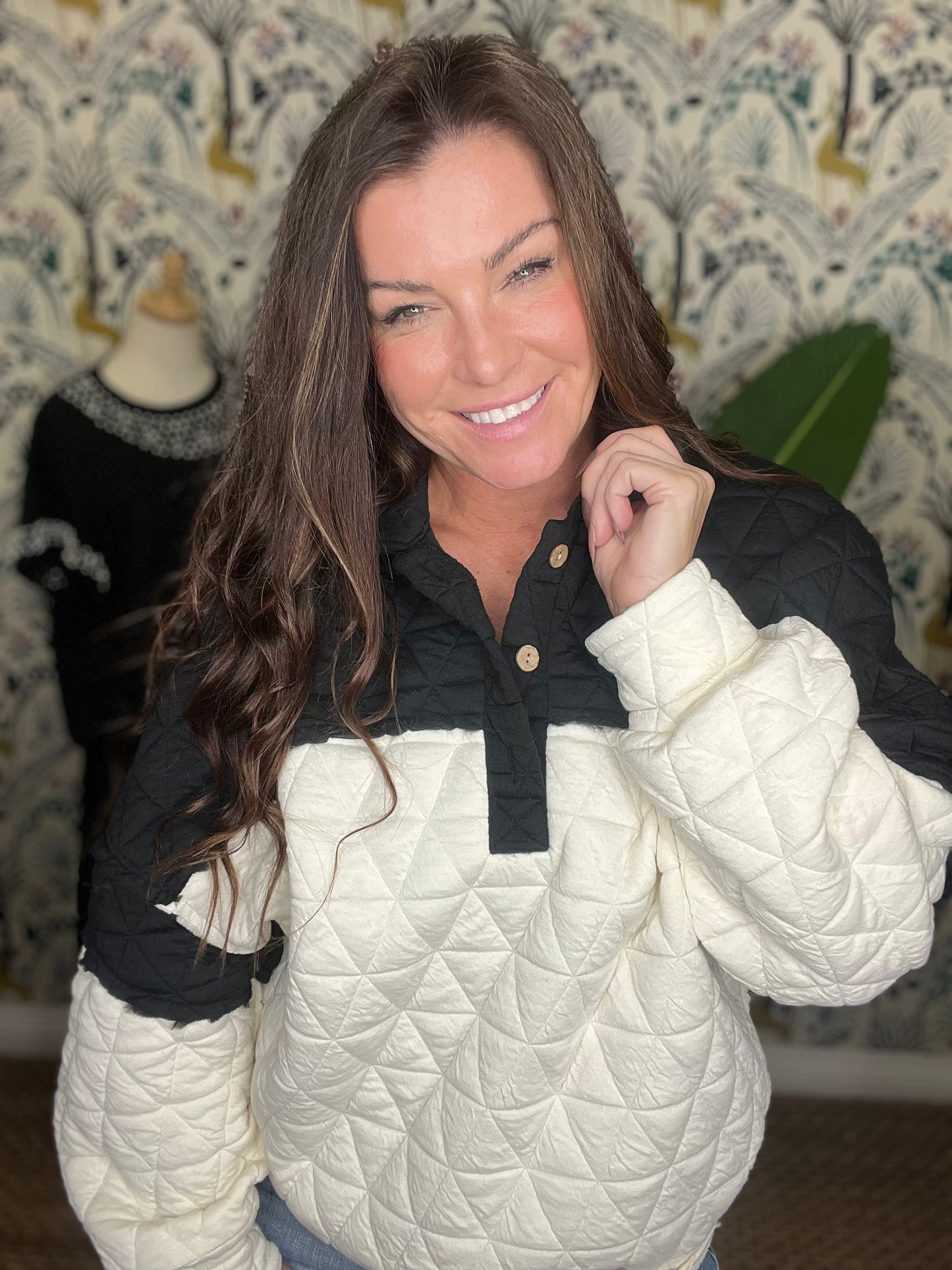 Quarter Button Contrast Long Sleeve Quilted Sweatshirt