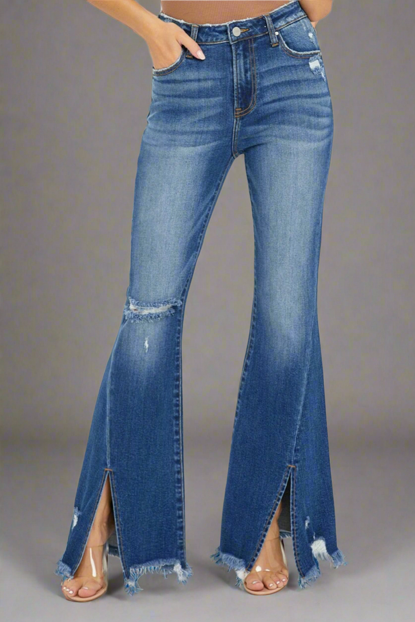 RISEN Front Slit Frayed Hem Flare Jeans