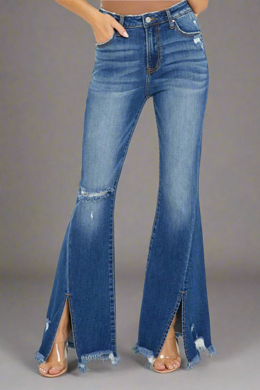 RISEN Front Slit Frayed Hem Flare Jeans