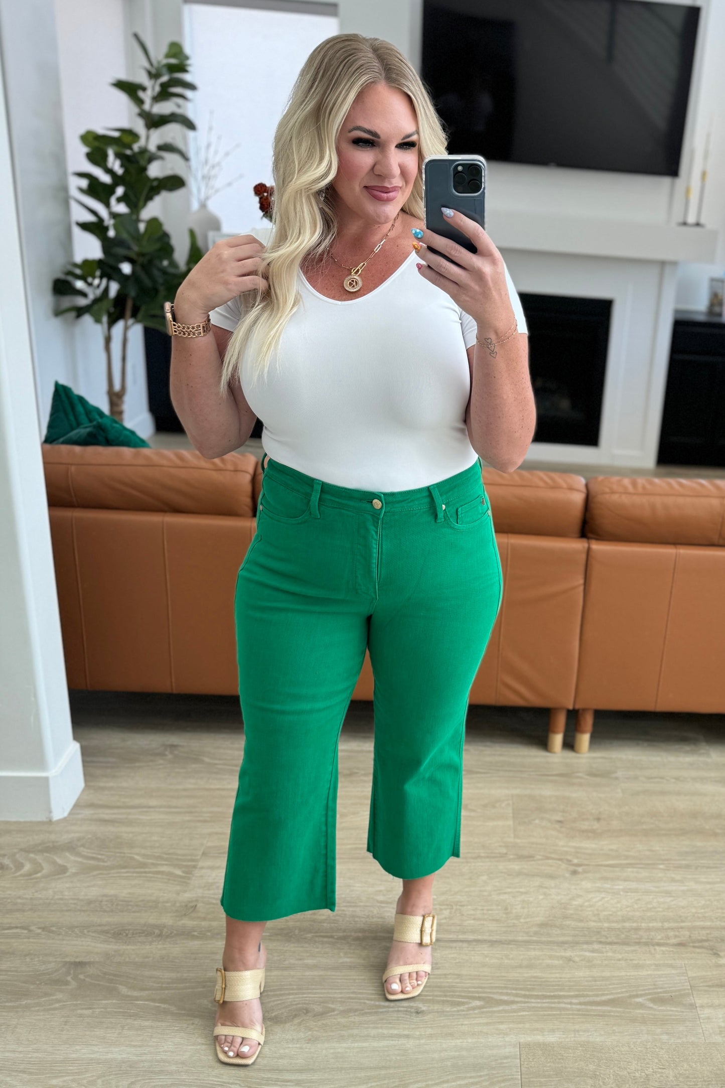 Kelly Green Tummy Control Wide Leg Crop Judy Blue Jeans