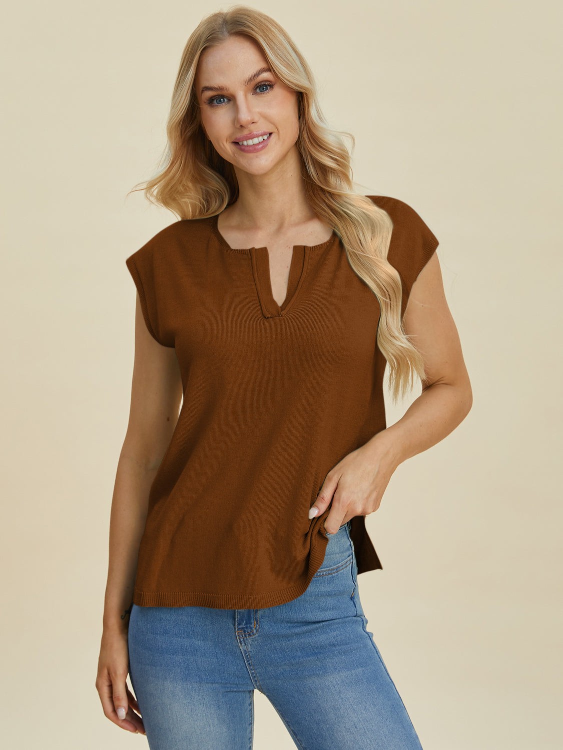 Notched Cap Sleeve Knit Top- 4 Colors (Caramel, Dust Storm, Magenta, Sage)