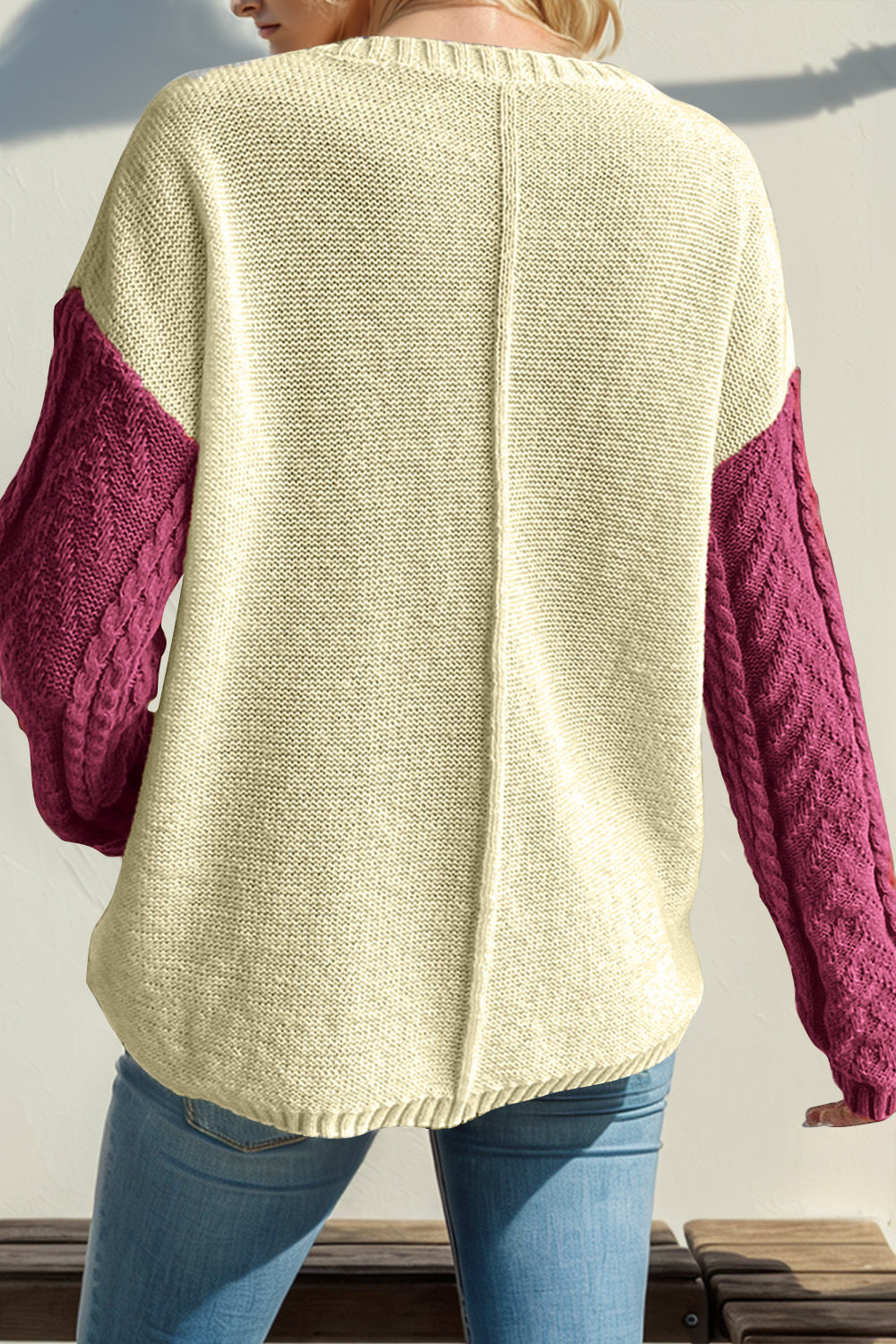 Color Block Drop Shoulder Sweater- Red/Violet, Gum Leaf)