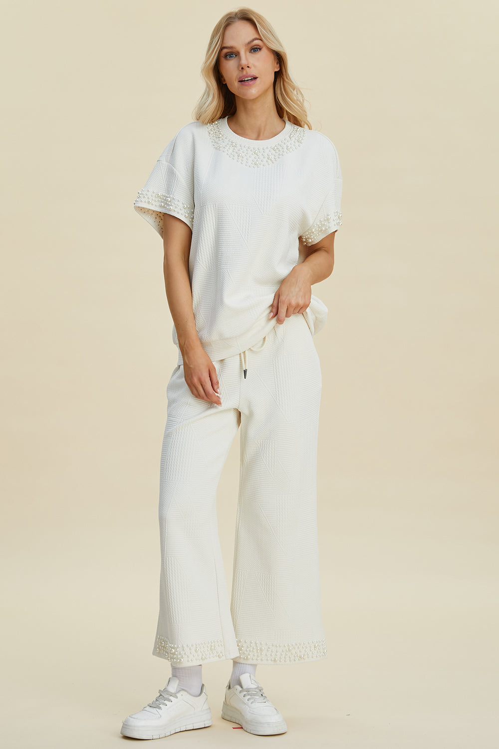 Pearl Detail Top and Pants Set- 3 Colors (Black, Cream, Deep Teal)