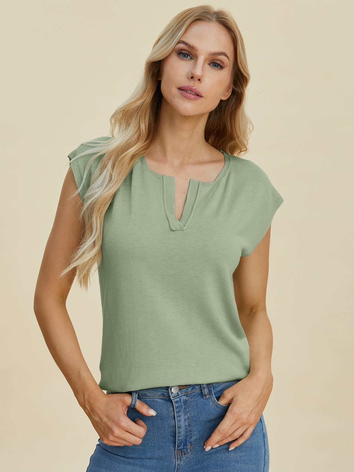 Notched Cap Sleeve Knit Top- 4 Colors (Caramel, Dust Storm, Magenta, Sage)