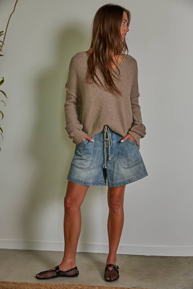The Eloise V-neck Knit Long Sleeve Top- Mocha 1289