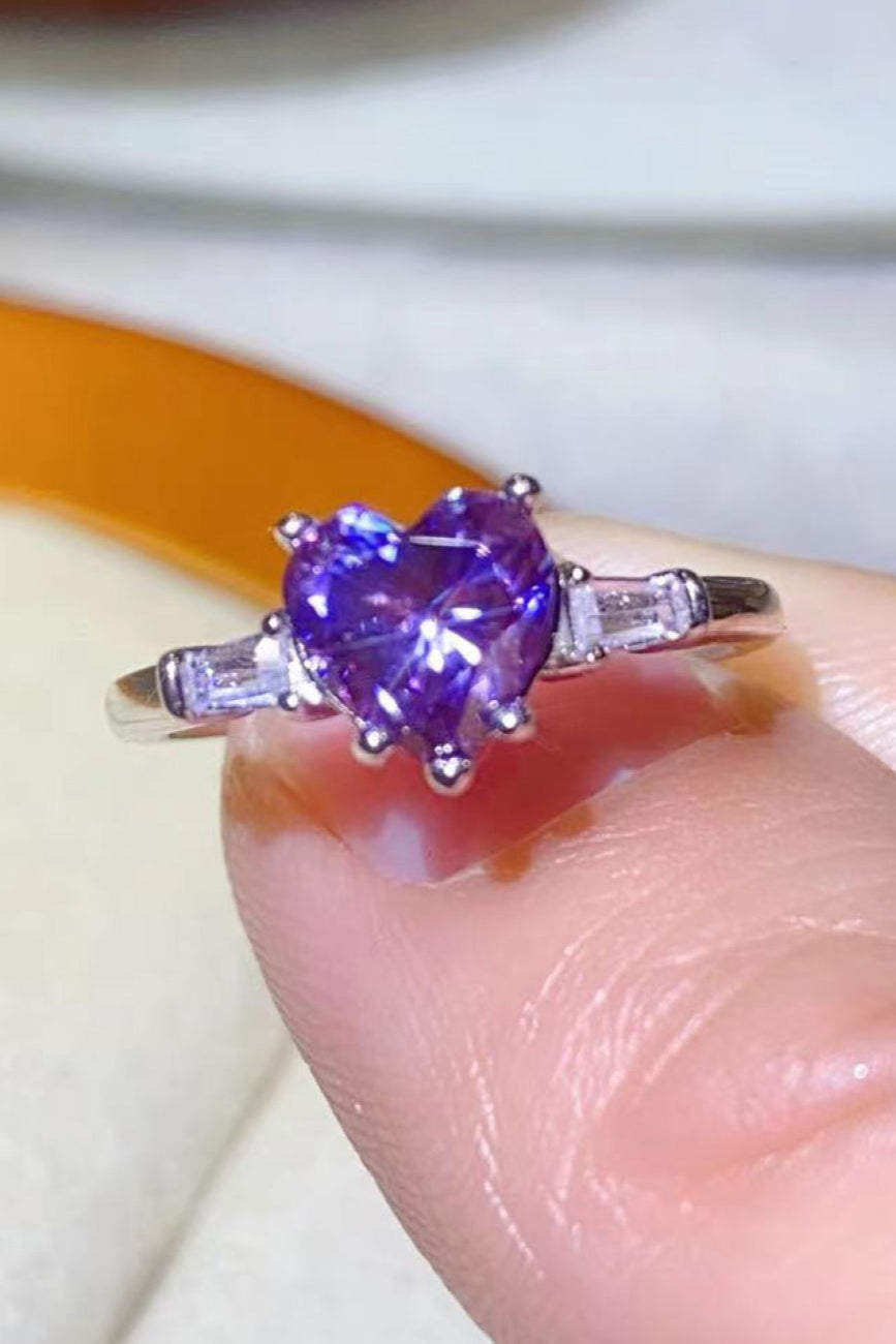 1 Carat Purple Moissanite Heart-Shaped Platinum-Plated Ring