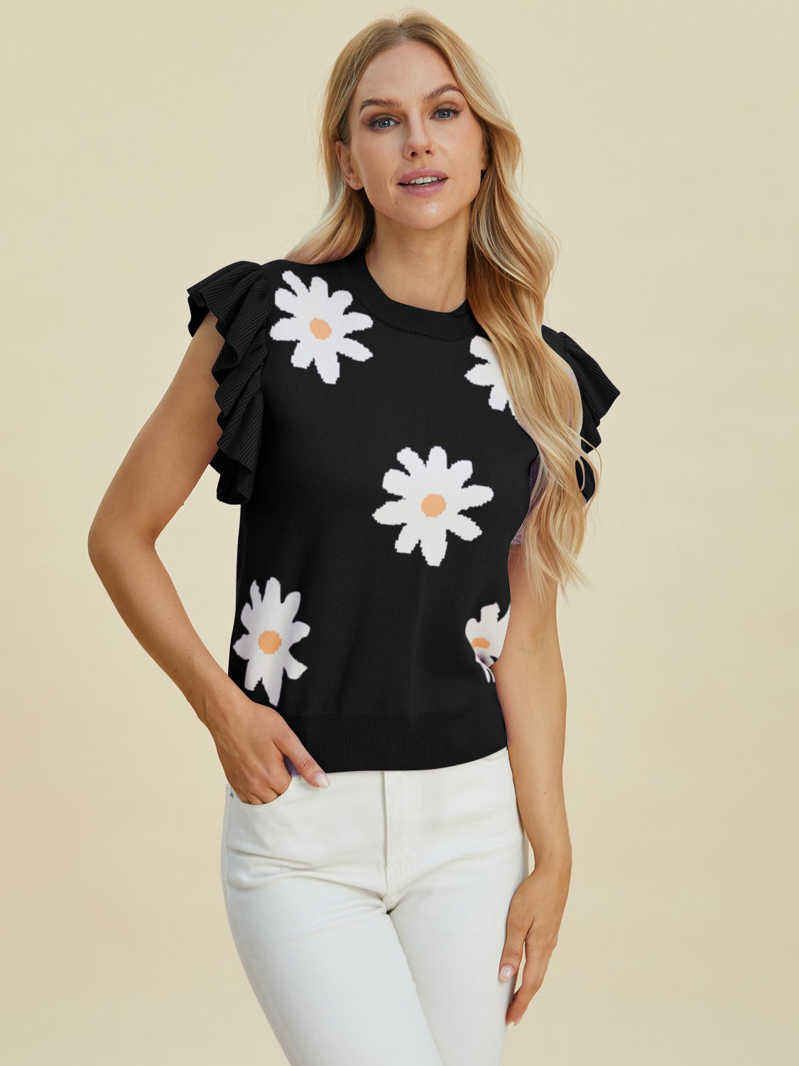 Ruffled Flower Round Neck Cap Sleeve Sweater- Black