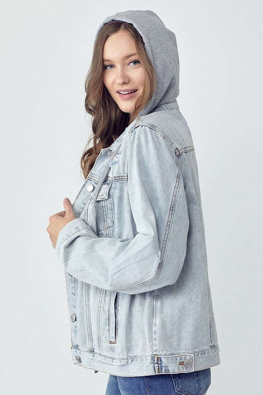 RISEN Distressed Hooded Light Denim Jacket IN STORE RDJ1104