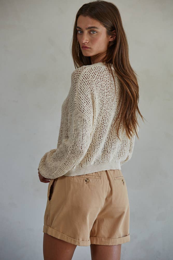 Swept Away Knit Henley Top- Natural 1742