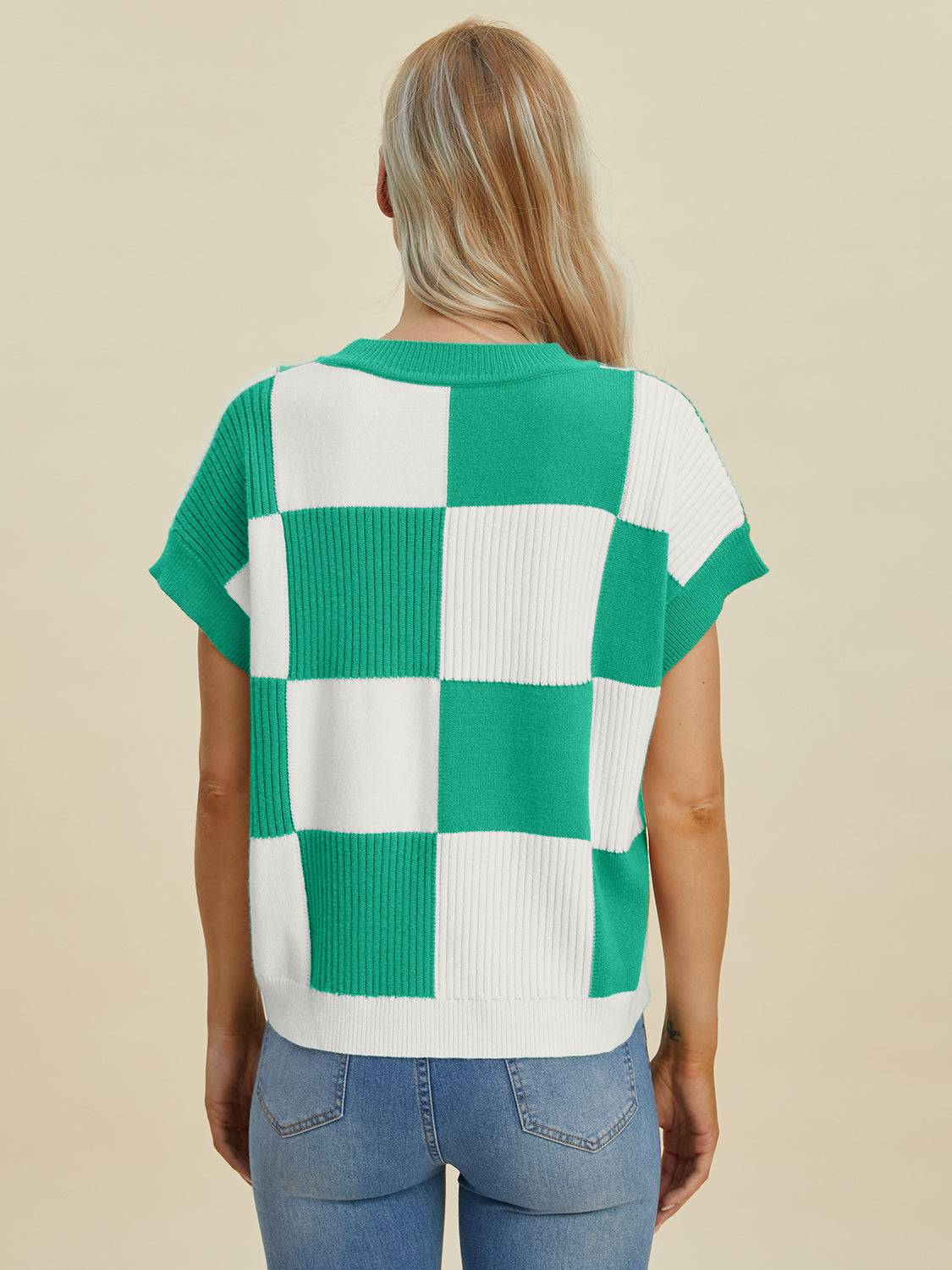 Checkered Short Sleeve Sweater- 4 Colors (Black, Pink, Camel, Turquoise)