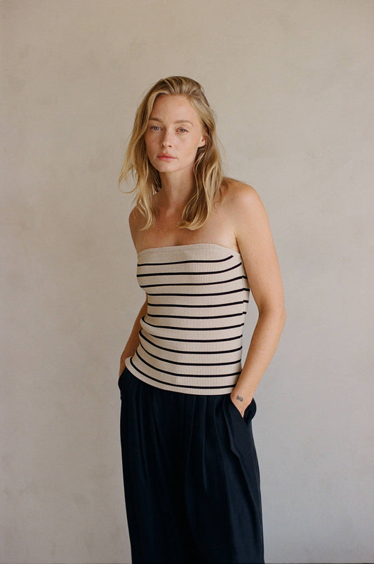 AW1035 | Knit Sweater Ribbed Striped Strapless Top: Taupe Black / L