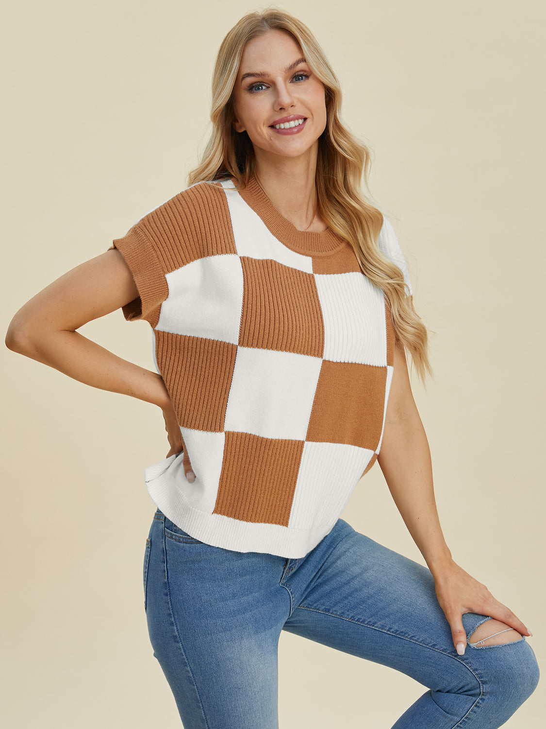 Checkered Short Sleeve Sweater- 4 Colors (Black, Pink, Camel, Turquoise)