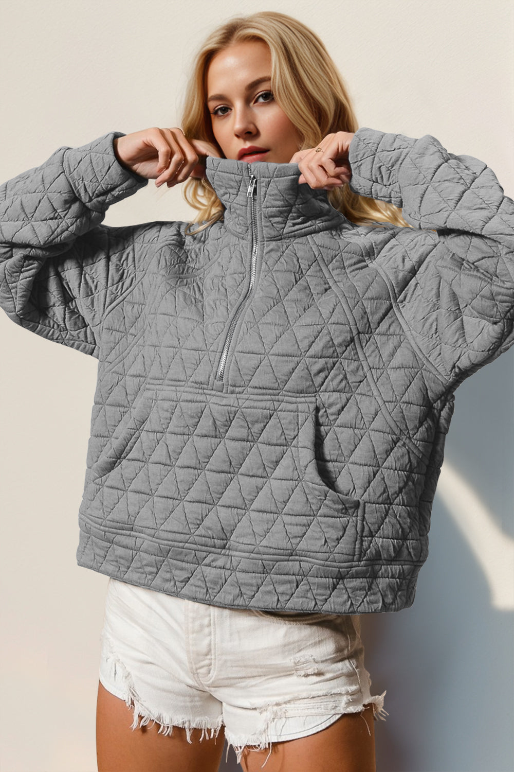Half Zip Quilted Sweatshirt- 5 Colors (Caramel, Gray, Light Blue, Black, Cream)