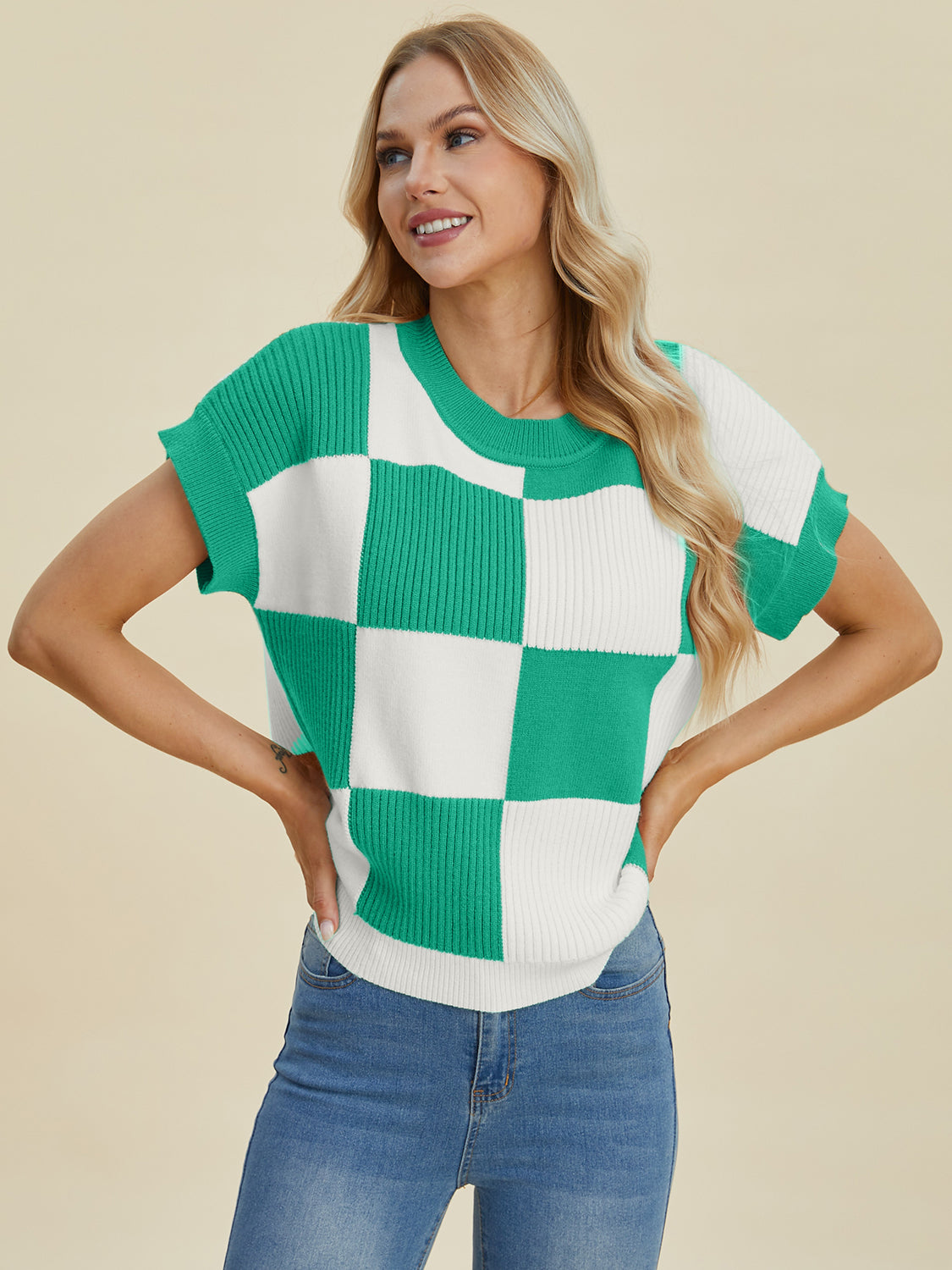 Checkered Short Sleeve Sweater- 4 Colors (Black, Pink, Camel, Turquoise)