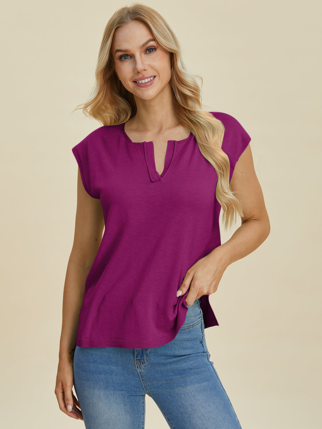 Notched Cap Sleeve Knit Top- 4 Colors (Caramel, Dust Storm, Magenta, Sage)