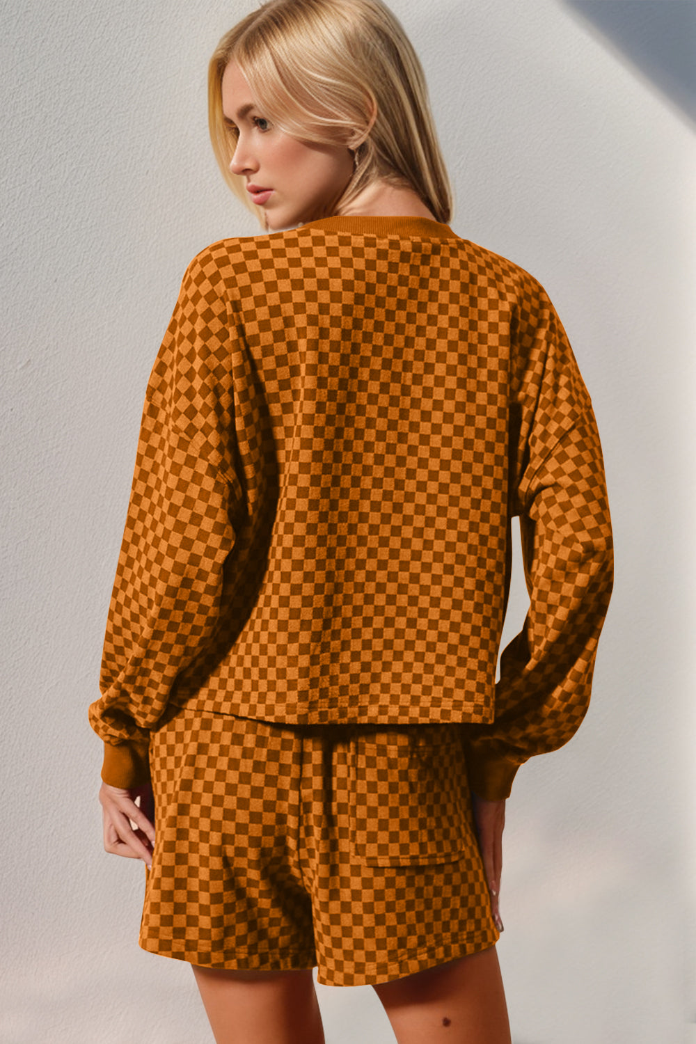 Checkered Half Button Top and Shorts Set- 4 Colors (Black, Brown, Blue, Caramel)