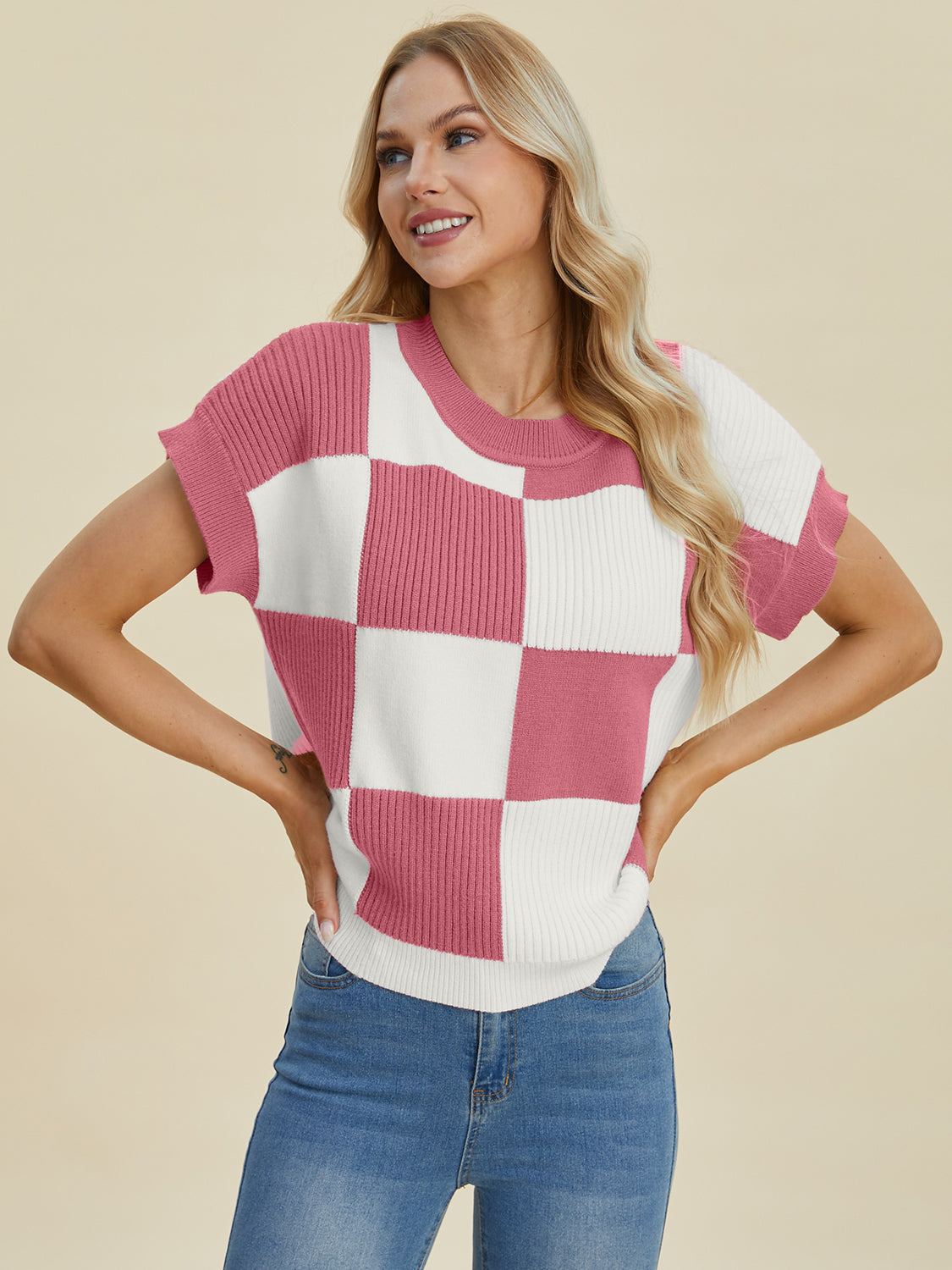 Checkered Short Sleeve Sweater- 4 Colors (Black, Pink, Camel, Turquoise)
