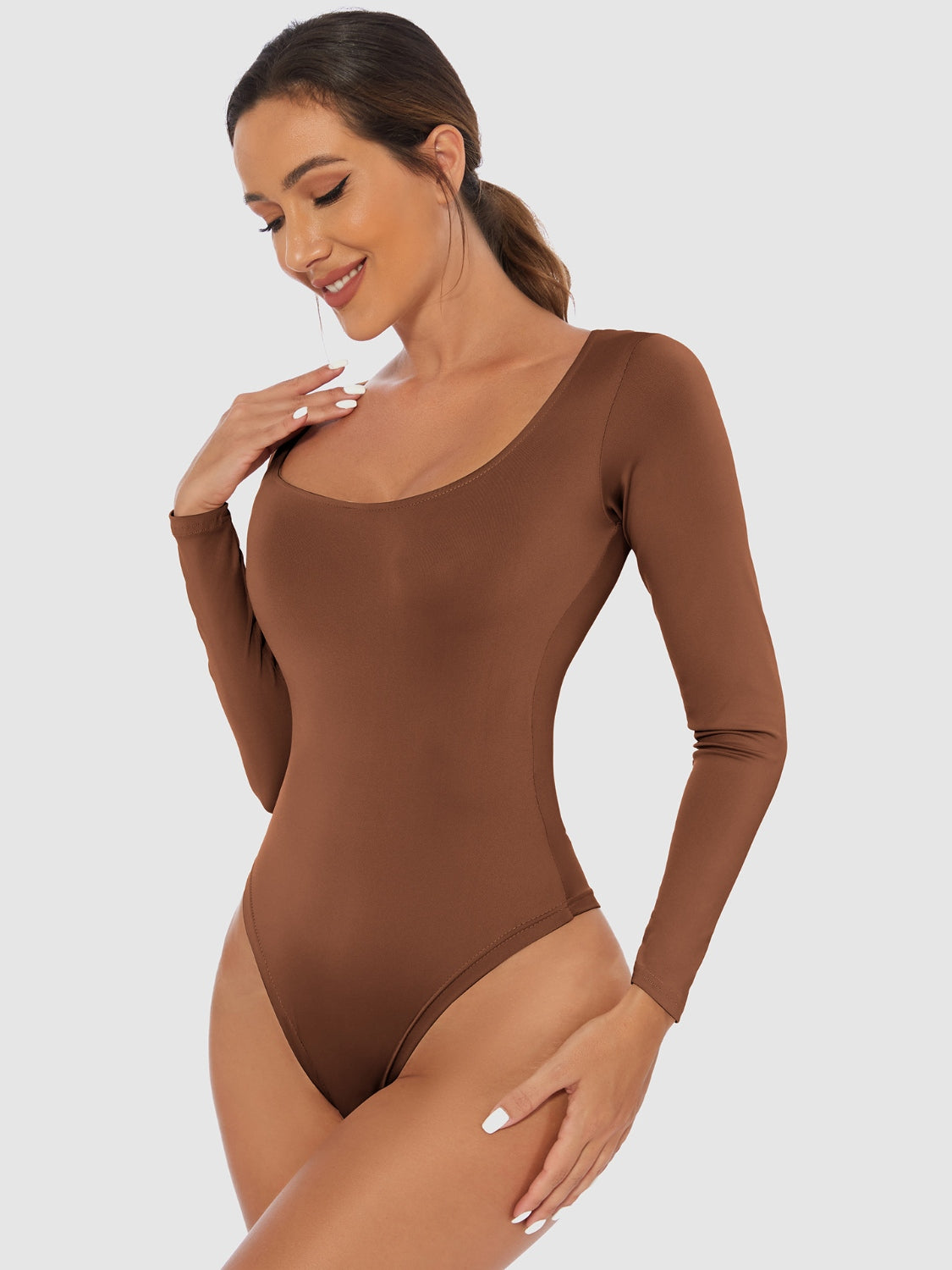 4 Colors - Scooped Long Sleeve Bodysuit- (White, Black, Brown, Tan)