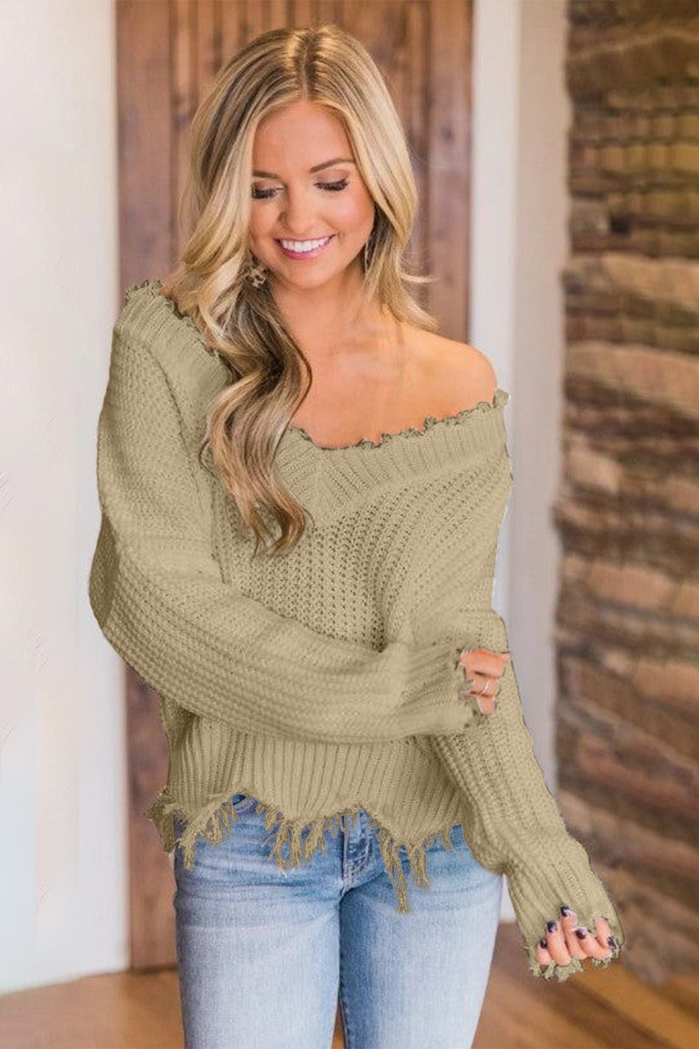 Frayed Hem Dropped Shoulder Sweater- 10 Colors