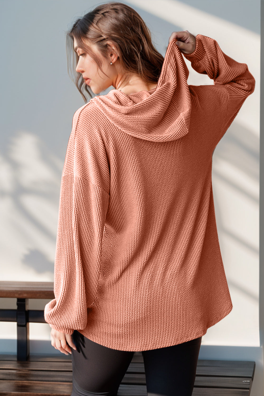 Half Button Long Sleeve Hoodie- 3 Colors (Moss, Burnt Coral, Caramel)