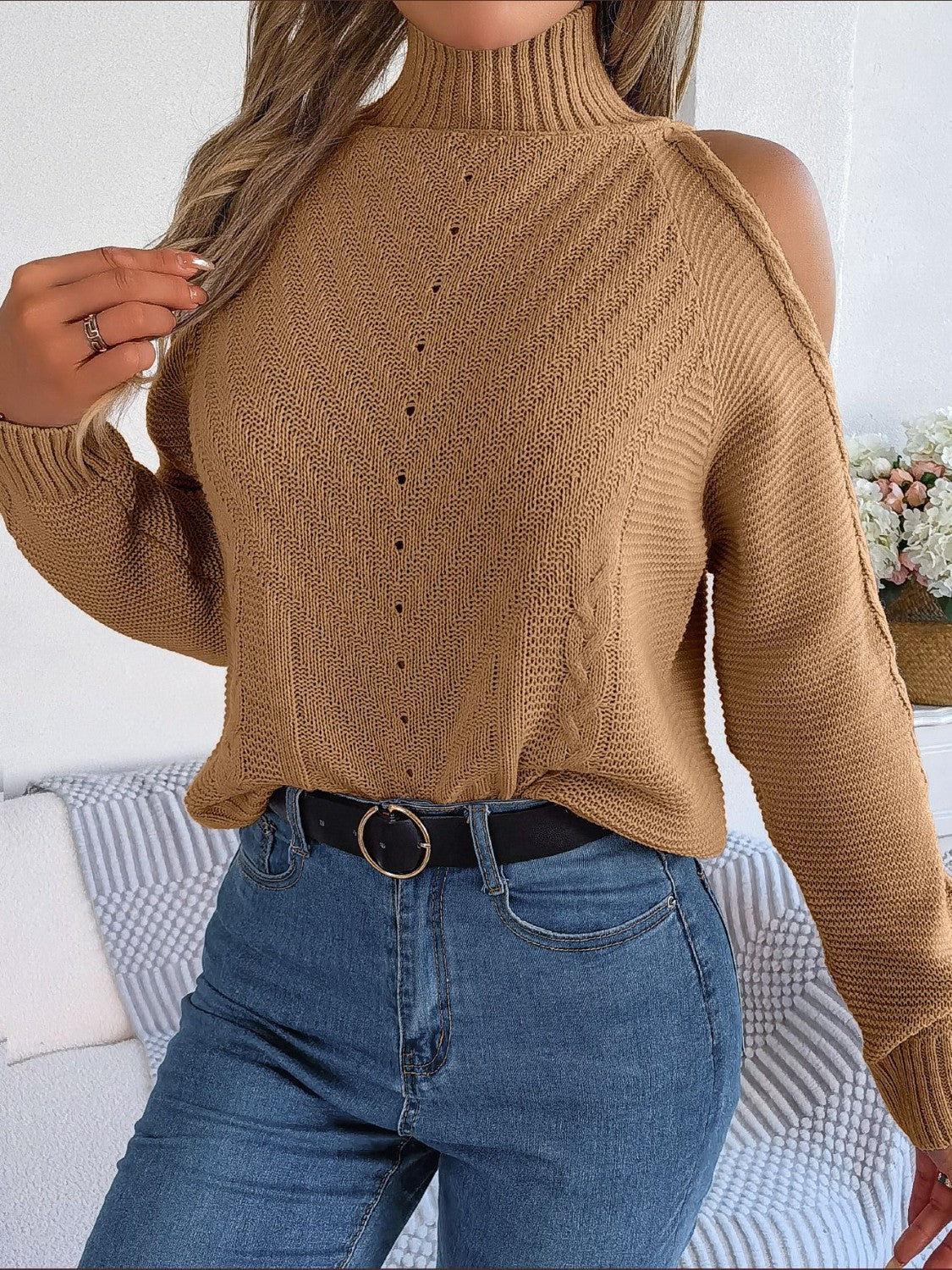 Cable-Knit Turtleneck Cold Shoulder Sweater- 3 Colors (White, Dark Gray, Camel)