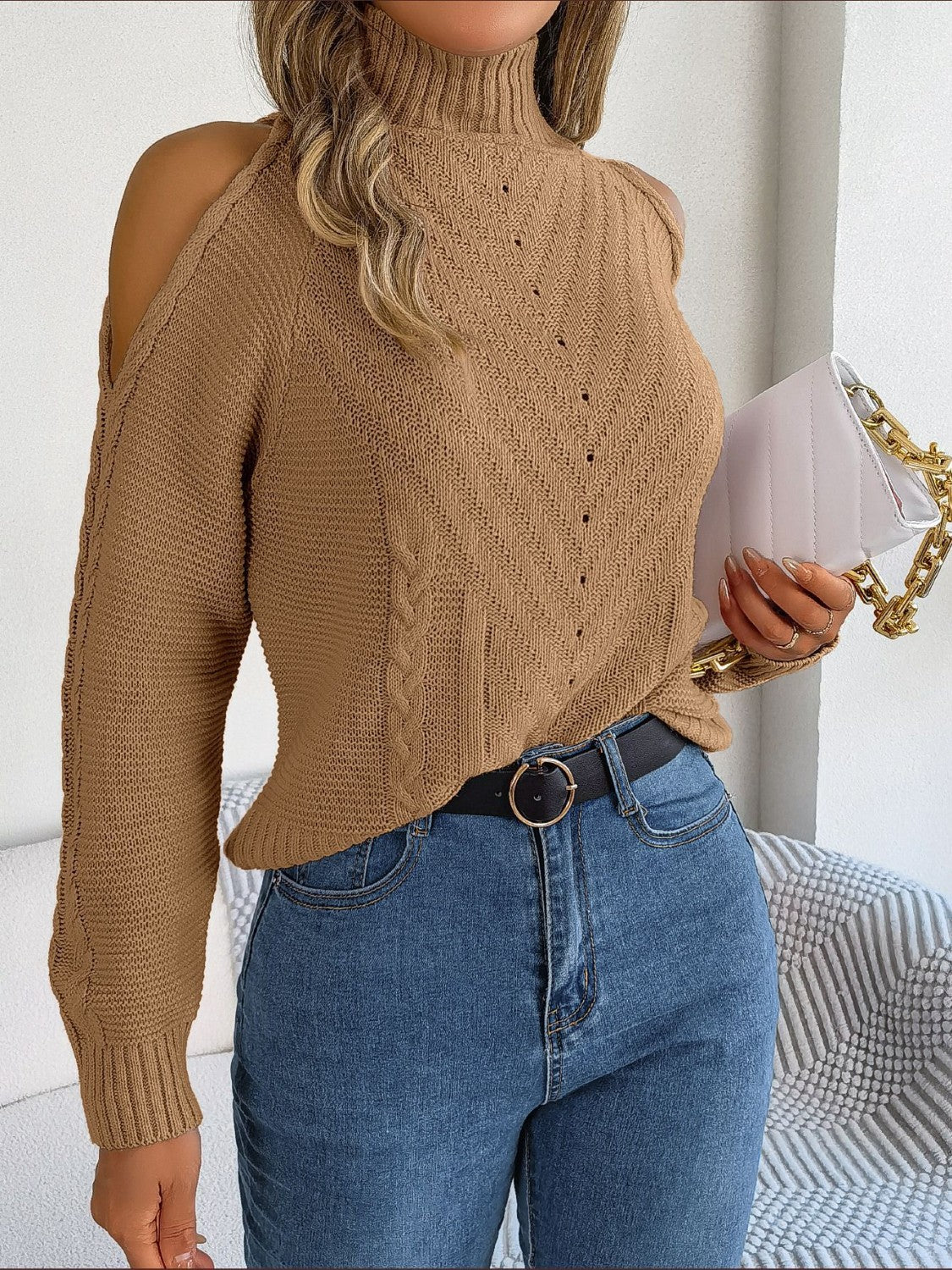 Cable-Knit Turtleneck Cold Shoulder Sweater- 3 Colors (White, Dark Gray, Camel)