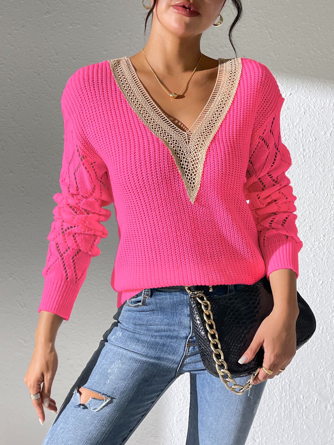 Openwork V-Neck Long Sleeve Sweater- 5 Colors (White, Black, Dark Blue, Strawberry, Lime)