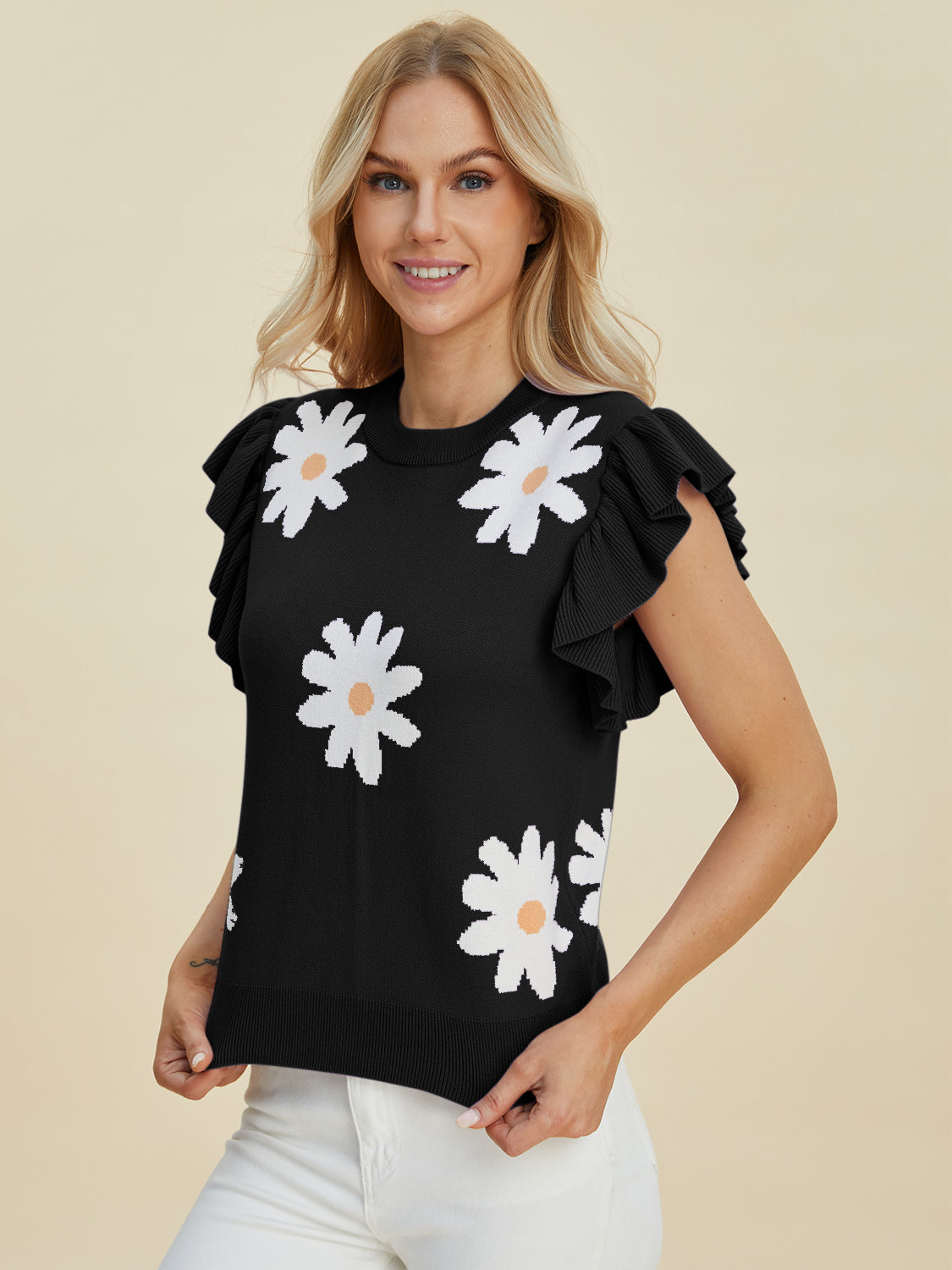 Ruffled Flower Round Neck Cap Sleeve Sweater- Black